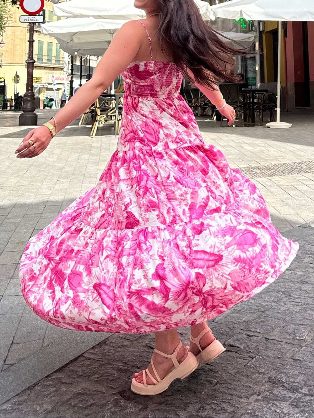 Francesca's Collections Pink and White Floral Tiered Maxi Dress